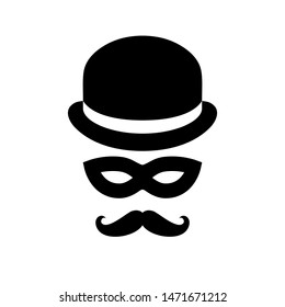 Unknown person sign. Anonymous man with moustaches in bowler hat and black mask. Graphic icon isolated on white background. Vector illustration