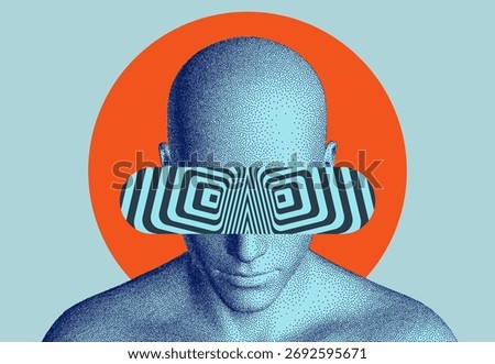 An unknown person wearing hypnotic glasses. An eccentric image. An unusual accessory. A psychedelic image. Anonymous social disguise. A guru. Illustration for brochure, poster, cover, flyer or banner.