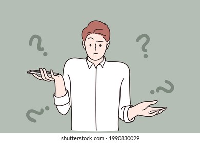 Unknown phone number emotion concept. Frustrated young man cartoon character standing looking surprised and shrugging his shoulders after getting phone call from unknown person vector illustration