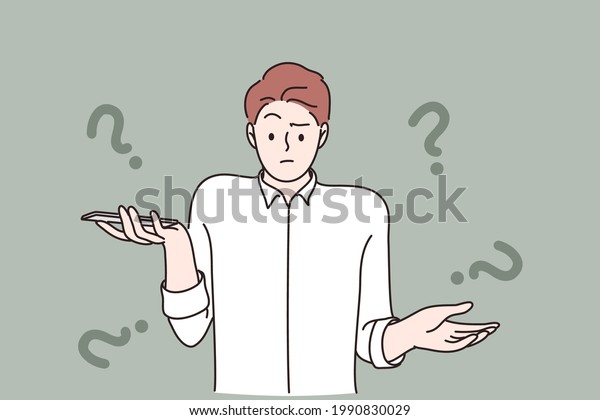 Unknown phone number emotion concept.\
Frustrated young man cartoon character standing looking surprised\
and shrugging his shoulders after getting phone call from unknown\
person vector\
illustration
