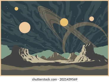 Unknown Planet Landcape, Mountains and Satrun, Retro Future Sci Fi Space Illustrations Stylization 