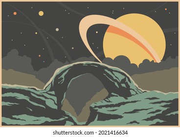 Unknown Planet Landscape, Retro Future Sci Fi Illustrations Style