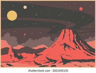 Unknown Planet Landscape Retro Future Sci Fi Illustrations Stylization, Volcano, Starry sky, Retro Colors