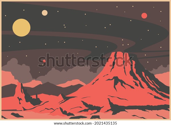 Unknown Planet\
Landscape Retro Future Sci Fi Illustrations Stylization, Volcano,\
Starry sky, Retro\
Colors