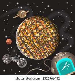 Unknown planet, next to which there is a spaceship and satellite in space. In the foreground is visible part of the space suit. Vector illustration