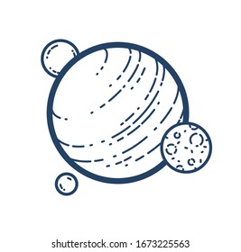 Unknown planet with satellites vector linear icon, space science or fiction literature symbol.