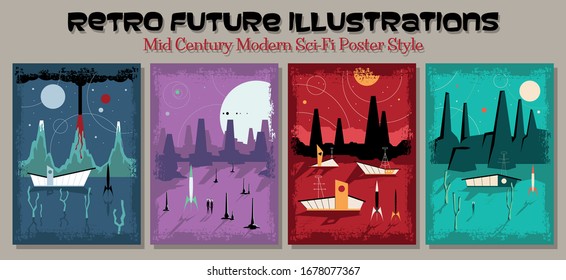 Unknown Planets Landscapes, Retro Future Illustrations, Retro Sci Fi Posters Stylization, Space Rockets, Martian Colony