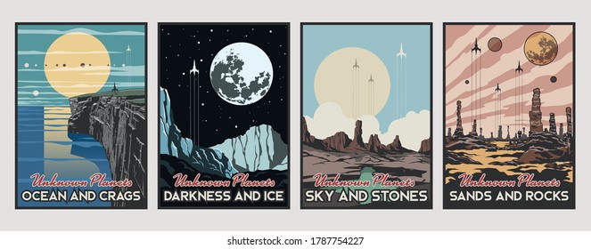 Unknown Planets Retro Futurism Space Posters, Alien Planet Landscapes