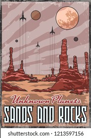 Unknown Planets. Sands and Rocks Retro Futurism Space Poster Stylization