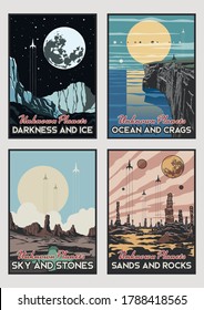 Unknown Planets Space Posters Retro Style, Alien Planet Landscapes, Space Rockets