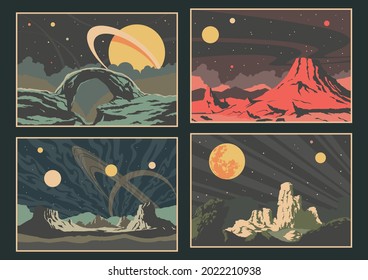 Unknown Planets Surfaces, Mountains, Clouds, Planets and Stars Retro Style Illustrations