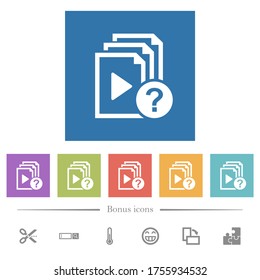Iconos blancos planos de lista de reproducción desconocidos en fondos cuadrados. 6 iconos de bonificación incluidos.