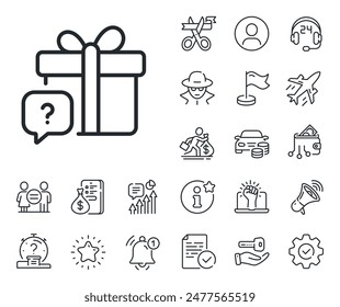 Signo de cuadro actual desconocido. Iconos de salariales, igualdad de género y campanas de alerta. Icono secreto de la línea de regalo. Símbolo de interrogación. Signo secreto de la línea de regalo. Espiar o icono de marcador de posición de perfil. Vector