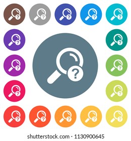 Unknown search flat white icons on round color backgrounds. 17 background color variations are included.
