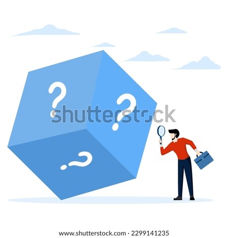 unknown or uncertain concept, Random or chance to win, gamble, risk management or opportunity analysis, future prediction, businessman with magnifying glass analyzing dice with question mark.