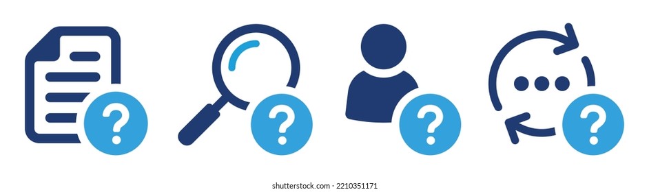 Unknown or unknow icon set. Containing document, magnifying glass, unknown person, update button with question mark icon. Collection of vector symbol illustration. 