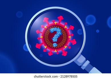 Virus desconocido con signo de interrogación de proteína inspeccionado en la lupa para obtener una nueva variante o mitación de la ilustración del coronavirus 