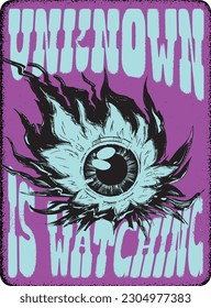 Unknown is watching, vintage poster, retro poster, Inferno, epic, blazing eye, west, mascot, silhouette, flaming eye, watch, look