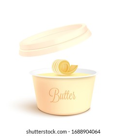 Unlabeled empty round container for butter, melted cheese or margarine spread mockup, realistic vector illustration isolated on white background. Dairy product template.