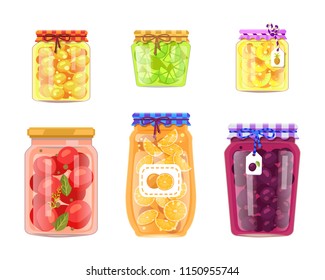 Unlabeled preserved tomato vegetable bottles and canned orange and lime fruit jars with tag on string. Groceries food conservation vector poster.