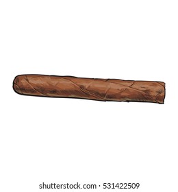 Unlabelled unlit brown Caribbean, Cuban cigar, sketch vector illustration isolated on white background. Whole, new hand drawn cigar, ready to smoke, tobacco product