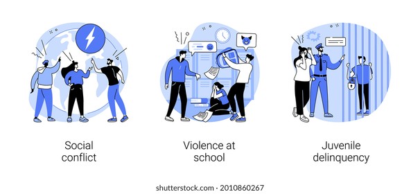 Unlawful behavior abstract concept vector illustration set. Social conflict, violence at school, juvenile delinquency, teenage crime, vandalism act, social relations, bullying abstract metaphor.