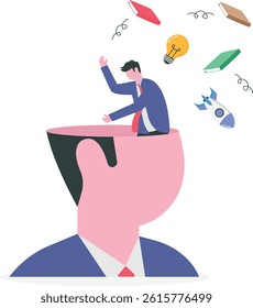 Unlearn, forget wrong information or knowledge, erase or delete memory for free space to learn new things concept, businessman throw away books and knowledge from his brain open head.

