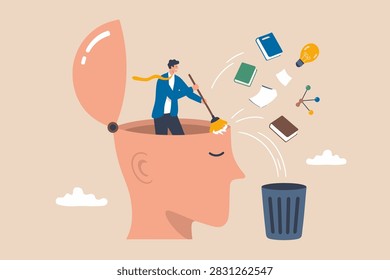 Unlearn, forget wrong information or knowledge, erase or delete memory for free space to learn new things concept, businessman throw away books and knowled vector