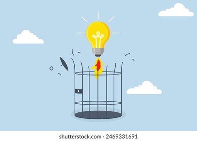 Unleash creativity, light bulb creative idea to break  birdcage with launch vehicle accelerator.