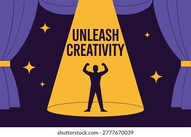 Unleash Creativity Performance Flyer, Confident Figure On Yellow Spotlight With Purple Drapes, Modern Vector For Marketing, Events, Social Media, Print