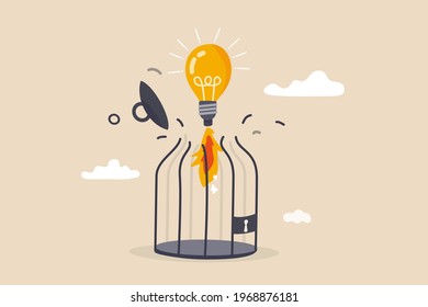 Unleash creativity or unlock business idea to grow beyond limitation concept, lightbulb creative idea breaking birdcage with launching  rocket booster.