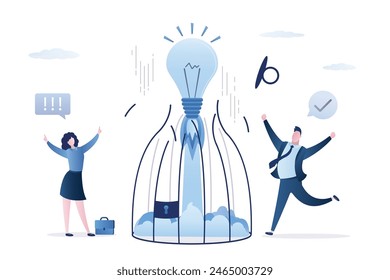 Unleash creativity or unlock idea. Idea bulb flight away from birdcage. Brainstorming, teamwork concept. Happy business people. Overcoming difficulties with new ideas and lack of creativity. Vector