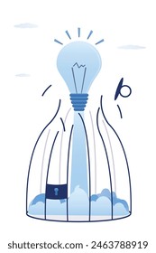 Unleash creativity or unlock idea, vertical banner. Idea bulb flight away from birdcage. Brainstorming, concept. Overcoming difficulties with new ideas and lack of creativity. Vector illustration