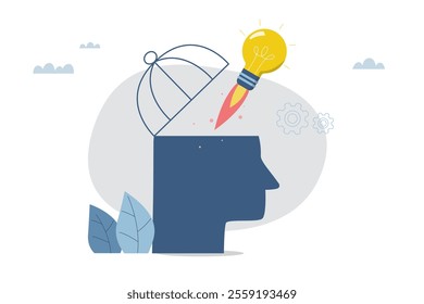 Unleash the creativity in your head, Independent and unconstrained thinking, Outside the box business ideas, Idea of ​​light bulbs rushing out of  a cage in a human head. Vector design illustration.