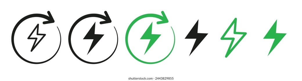 Libere la energía eléctrica con iconos vectoriales con tormentas eléctricas dinámicas y carga rápida de la batería