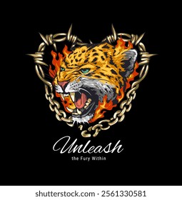 unleash fury slogan with leopard head in fire barbed fire vector illustration on black background