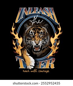 unleash the tiger slogan with tiger head in oval fire frame vector illustration on black background