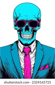 Unleash the unconventional charm and skull wearing suit illustration  adding touch mystery to your logo design