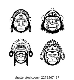 Unleash the wild side with our cute kawaii gorilla head wearing Indian chief accessories collection. Hand drawn with love, these illustrations are sure to add a touch of strength and playfulness