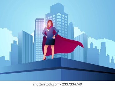 Unleash Your Ambition, Vector Illustration of a Business woman as a superhero, defying obstacles and achieving great heights