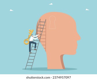 Unleash your creative thinking, find secret key to generating brilliant ideas, teamwork and brainstorming to create innovations and business development strategies, man with key climbs ladder to head.