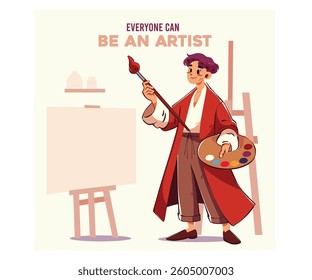 Unleash your creativity and explore the world of art with our artistic character ready with a palette in hand. Get inspired to create your masterpiece with our artist-themed content.