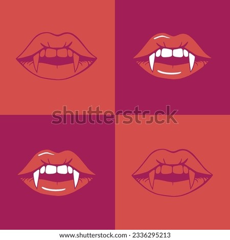 Unleash your dark side with this captivating poster featuring four squares of pink and peach colors and seductive red lips with vampire fangs.