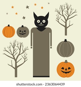 Unleash your Halloween creativity with vector set: pumpkins, trees, and creepy monsters. Perfect for spooky designs.