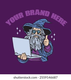 Unleash your imagination with this whimsical vintage wizard design, featuring a classic wizard holding a laptop. This unique artwork blends magic and technology.