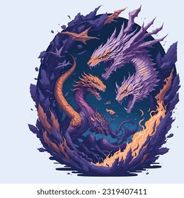 Liberen su imaginación y presencien un asombroso choque de seres míticos con esta dinámica ilustración vectorial que representa una épica lucha de dragones.