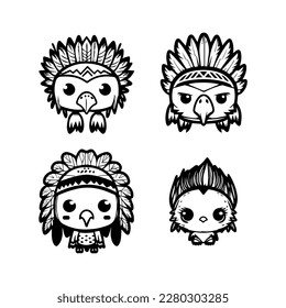 Unleash your inner warrior with our cute kawaii eagle head logo wearing Indian chief accessories collection. Hand drawn with love, these illustrations are sure to add a touch of strength and grace