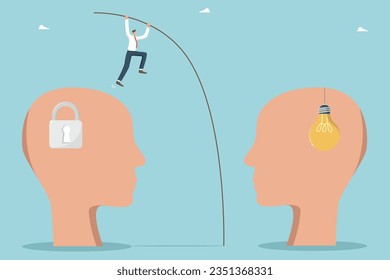 Unleash your potential and find right path to create and implement innovations, creative ideas for growth and development in business, man with pole jumps from head with lock to head with light bulb.