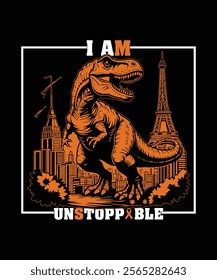 Unleash your spirit with this bold T-Rex conquering cityscapes, blended with a Multiple Sclerosis awareness theme. Perfect for MS warriors and dino lovers, showcasing strength and resilience.