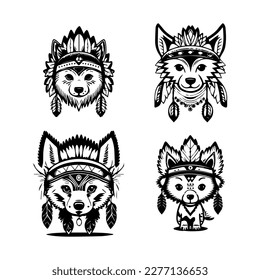 Unleash your wild side with our cute kawaii wolf logo wearing Indian chief accessories collection. Hand drawn with love, these illustrations are sure to add a touch of playfulness and strength